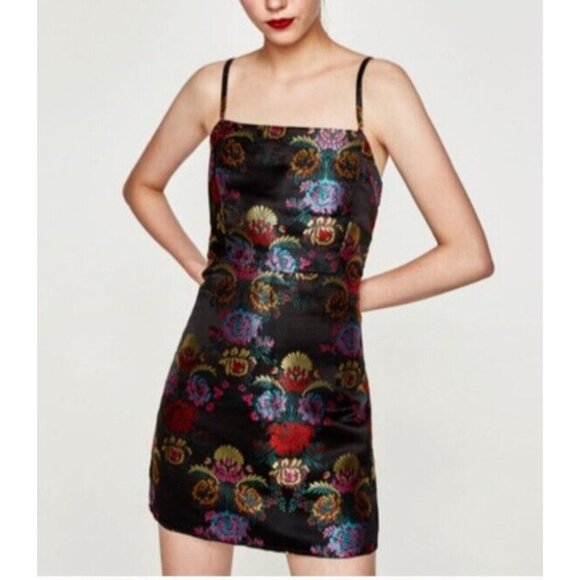 Zara Dresses & Skirts - Zara Trafaluc Women's Sleeveless Mini Dress Satin Floral Jacquard Black Size M